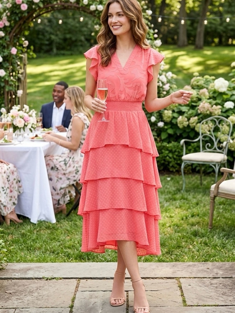NWT Vince Camuto Coral Tiered Ruffle Midi Dress Size Medium